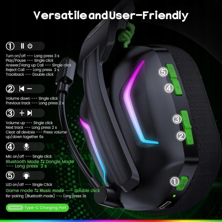 WESEARY SŁUCHAWKI GAMINGOWE BEZPRZEWODOWE WG1 2.4GHz BLUETOOTH LED (2)