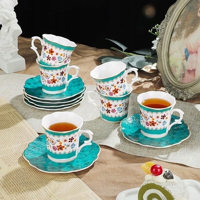 Zielone kwiatowe filiżanki i spodki Zestaw 6 filiżanek 80ML