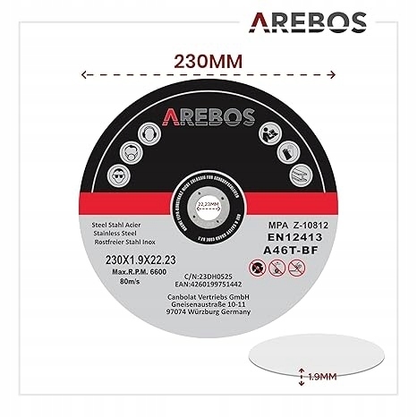 Arebos Tarcza do cięcia 25x 230 mm żelazo, metal, itp 230x1,9x22,23 (5)